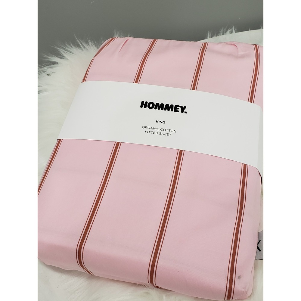 NEW Hommey 100% Organic Cotton ROSE Striped King Size Fitted Sheet
